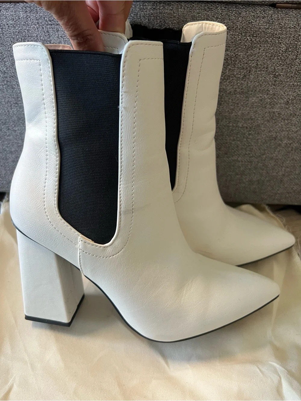 White Leather Block Heel Chelsea Boots with Black Elastic